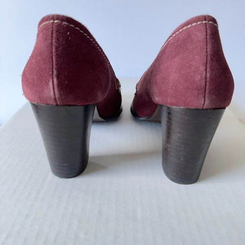 Womens Loafer Shoes Burgundy Suede Pumps Brown Strap Buckle Sz 7 7M - Picture 6 of 13